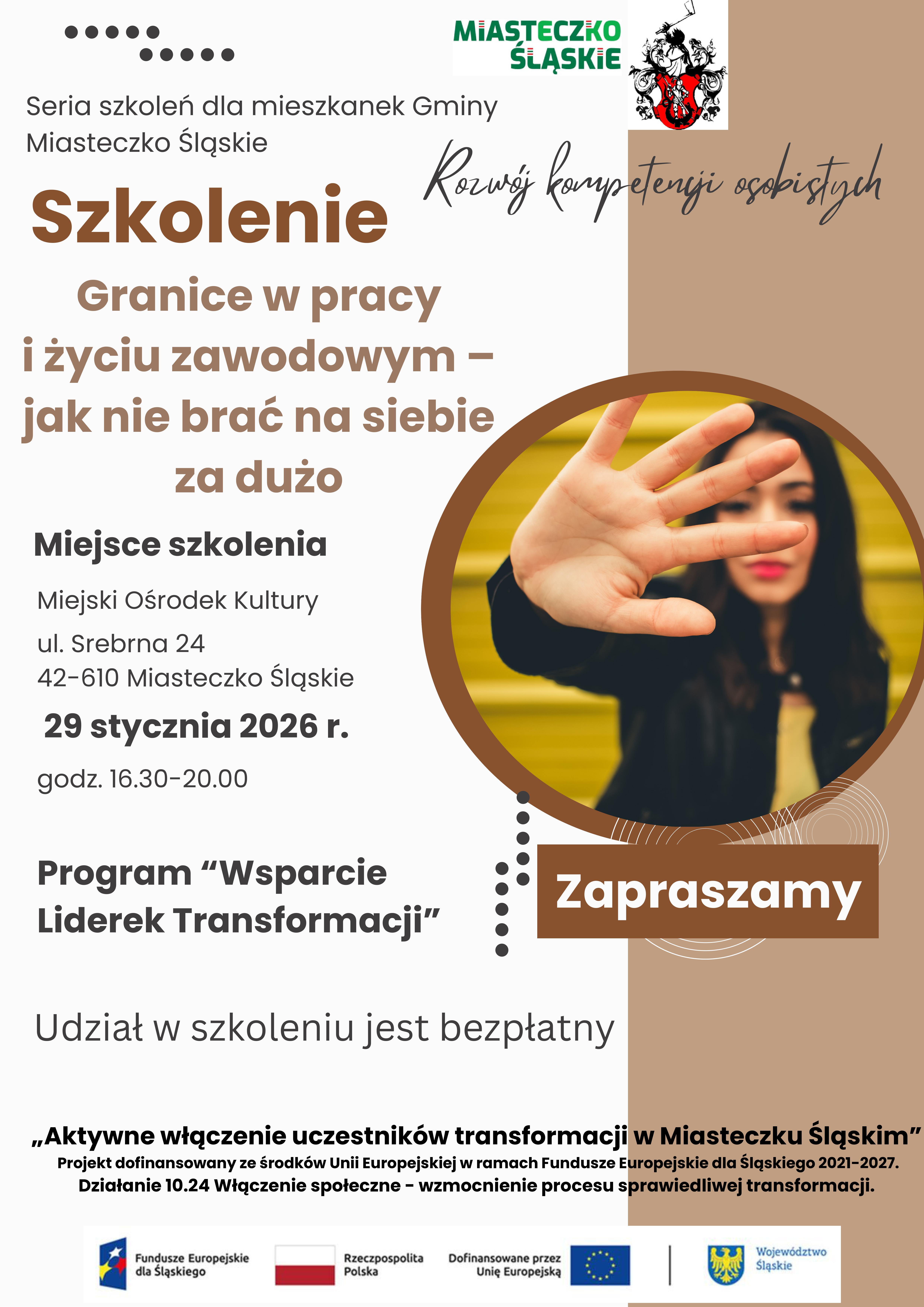 Jak dbać o siebie w pracy? Bezpłatne szkolenie dla mieszkanek Miasteczka Śląskiego