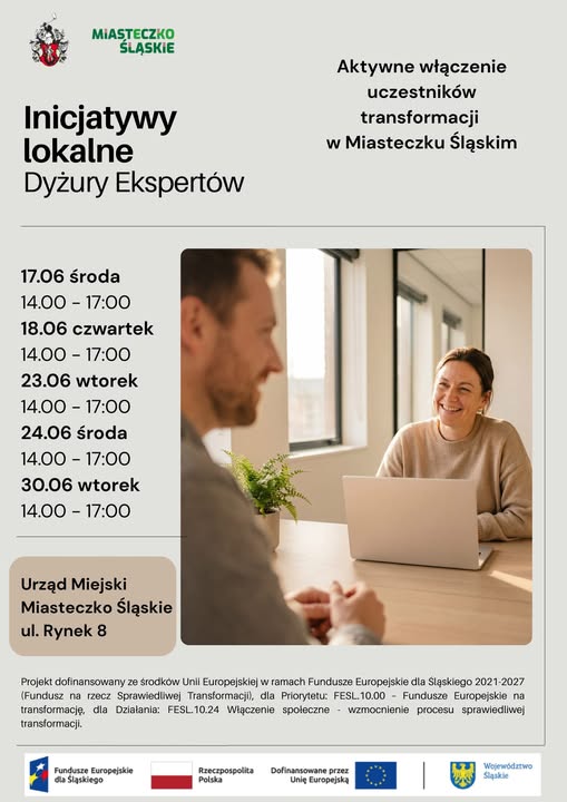Dyżury ekspertów w ramach projektu „Aktywne włączenie uczestników transformacji w Miasteczku Śląskim”