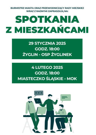 grafika do wpisu: Burmistrz, Przewodniczący Rady Miejskiej i Radni zapraszają na spotkania z Mieszkańcami