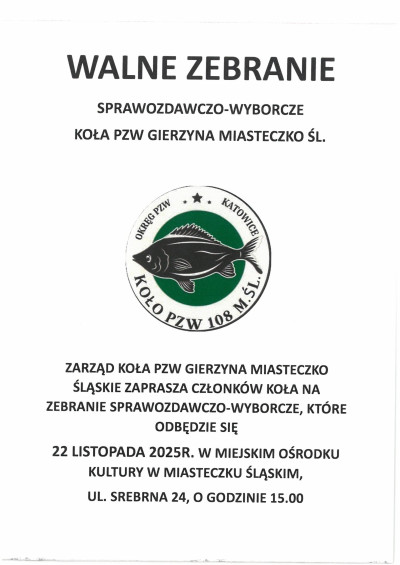 grafika do wpisu: Walne Zebranie Sprawozdawczo-Wyborcze Koła PZW Gierzyna Miasteczko Śląskie