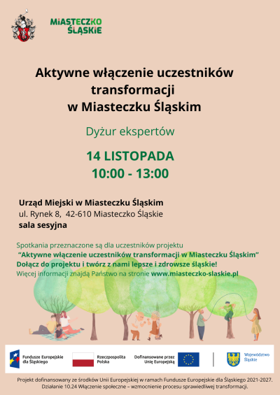 grafika do wpisu: Dyżur ekspertów w ramach projektu „Aktywne włączenie uczestników transformacji w Miasteczku Śląskim”