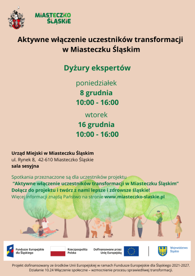 grafika do wpisu: Dyżury ekspertów w ramach projektu „Aktywne włączenie uczestników transformacji w Miasteczku Śląskim”