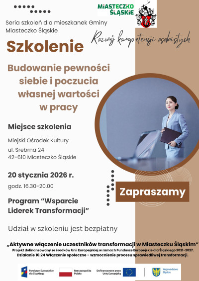 grafika do wpisu: Szkolenie dla mieszkanek Gminy Miasteczko Śląskie - „Budowanie pewności siebie i poczucia własnej wartości w pracy”