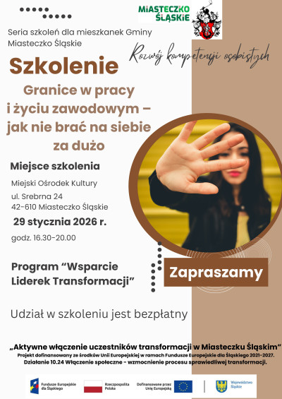 grafika do wpisu: Jak dbać o siebie w pracy? Bezpłatne szkolenie dla mieszkanek Miasteczka Śląskiego