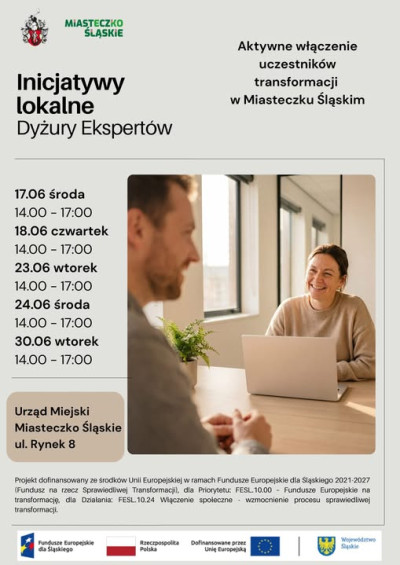grafika do wpisu: Dyżury ekspertów w ramach projektu „Aktywne włączenie uczestników transformacji w Miasteczku Śląskim”