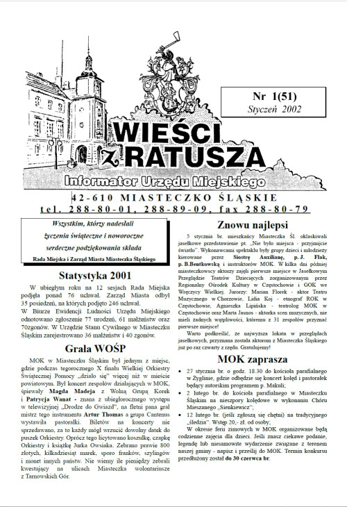 okładka wydania Nr 1 (51) Styczeń 2002 gazety Wieści z Ratusza