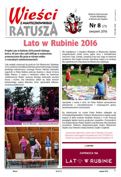 okładka wydania  Nr 8 (71) Sierpień 2016 gazety Wieści z Ratusza