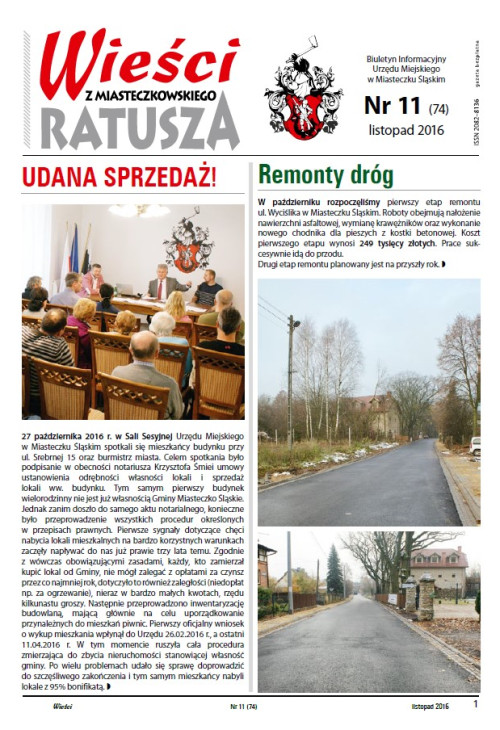 okładka wydania  Nr 11 (74) Listopad 2016 gazety Wieści z Ratusza