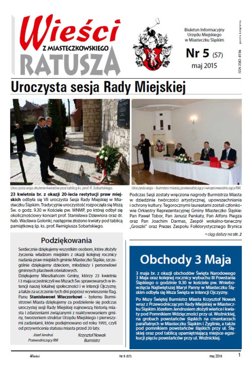 okładka wydania  Nr 5 (57) Maj 2015 gazety Wieści z Ratusza