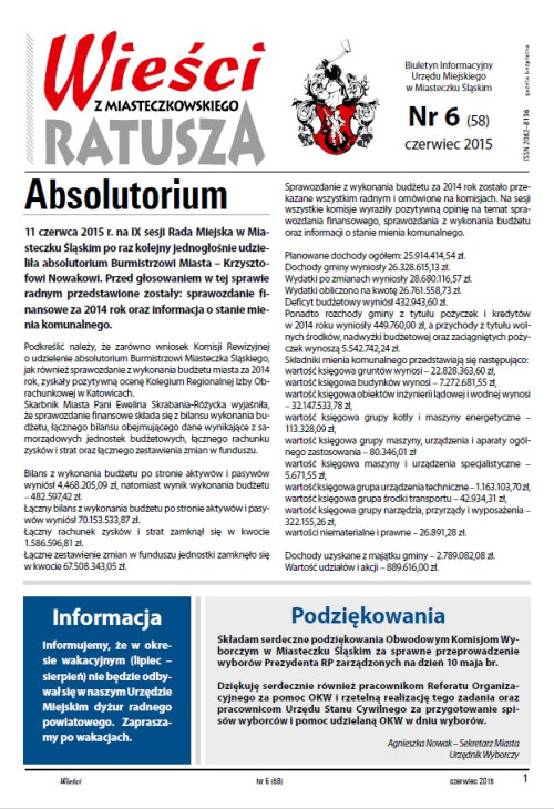 okładka wydania  Nr 6 (58) Czerwiec 2015 gazety Wieści z Ratusza