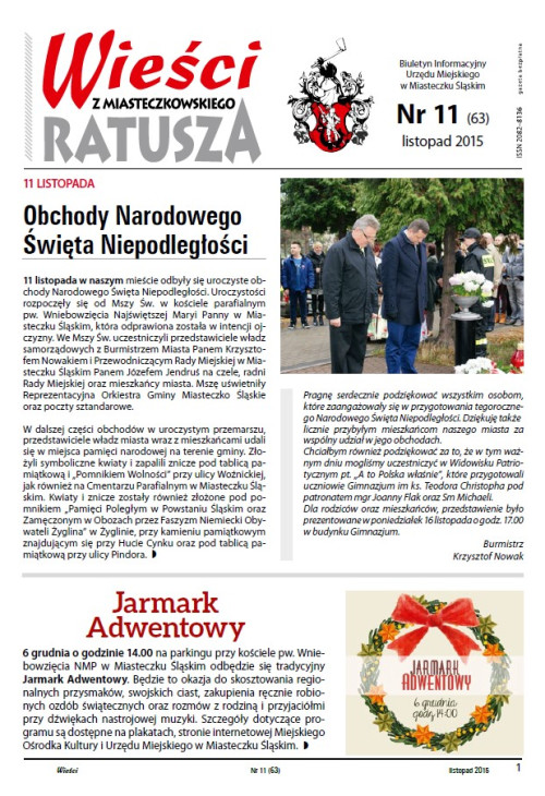 okładka wydania Nr 11 (63) Listopad 2015 gazety Wieści z Ratusza