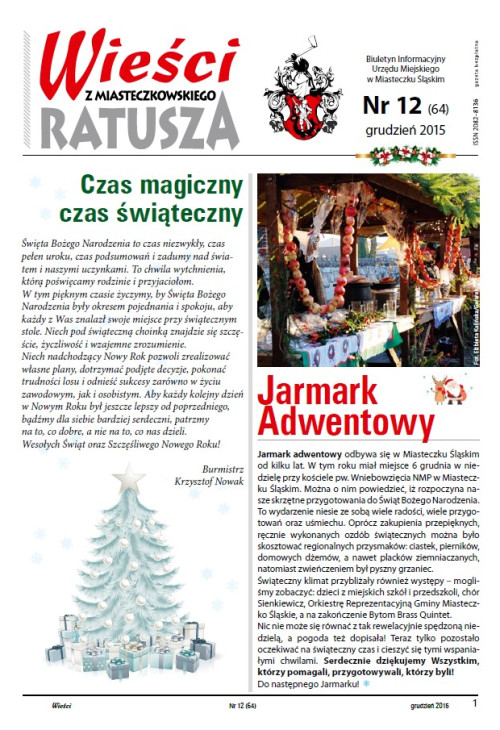 okładka wydania Nr 12 (64) Grudzień 2015 gazety Wieści z Ratusza