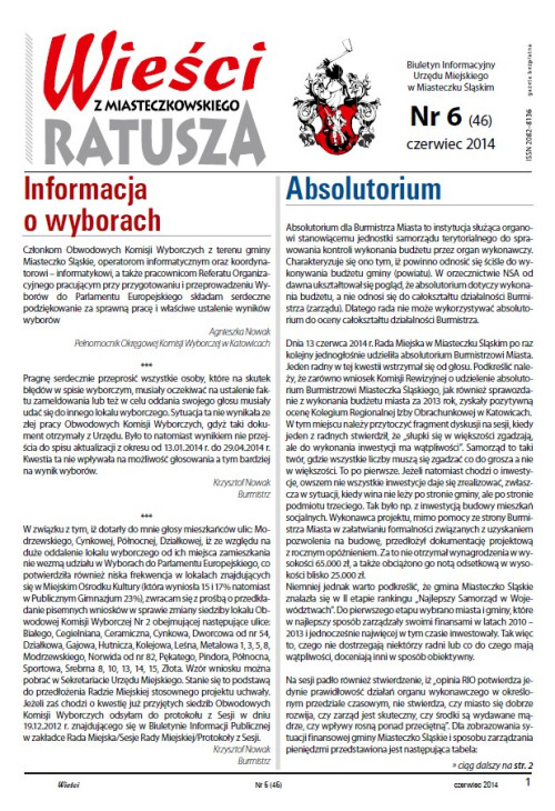 okładka wydania Nr 6 (46) Czerwiec 2014 gazety Wieści z Ratusza