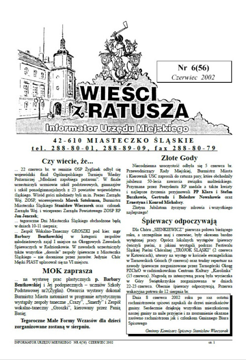 okładka wydania Nr 6 (56) Czerwiec 2002 gazety Wieści z Ratusza