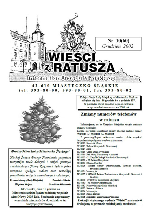 okładka wydania Nr 10 (60) Grudzień 2002 gazety Wieści z Ratusza