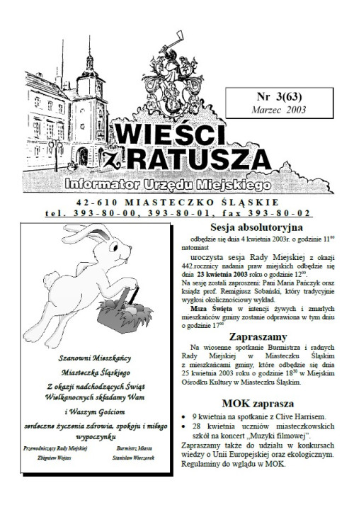 okładka wydania Nr 3 (63) Marzec 2003 gazety Wieści z Ratusza
