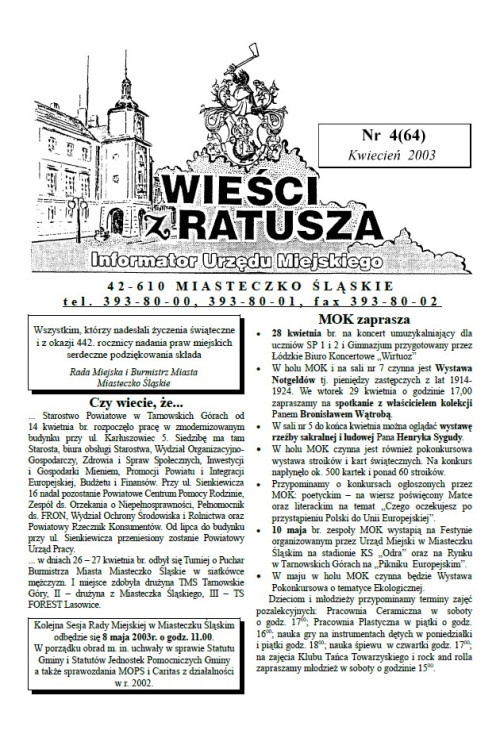 okładka wydania Nr 4 (64) Kwiecień 2003 gazety Wieści z Ratusza