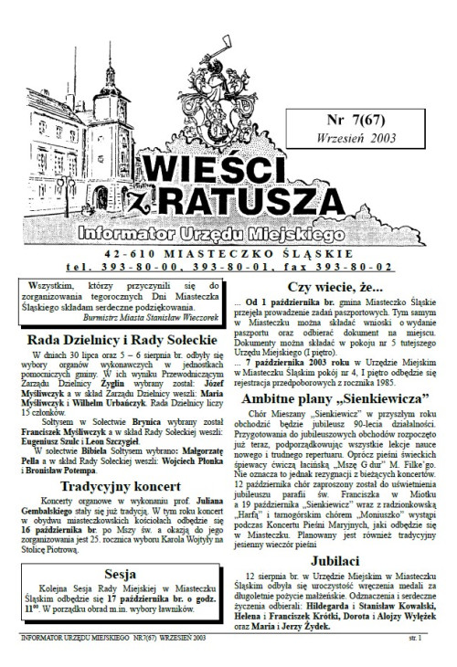okładka wydania Nr 7 (67) Wrzesień 2003 gazety Wieści z Ratusza