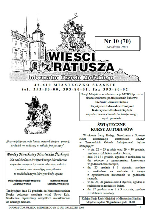okładka wydania Nr 10 (70) Grudzień 2003 gazety Wieści z Ratusza