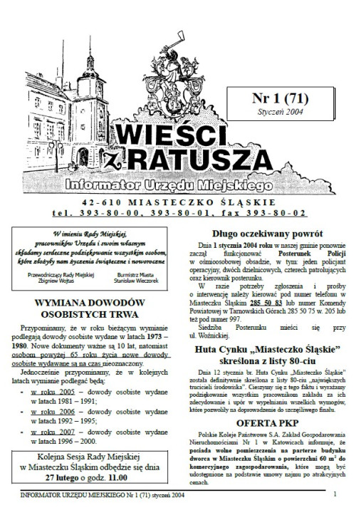 okładka wydania Nr 1 (71) Styczeń 2004 gazety Wieści z Ratusza