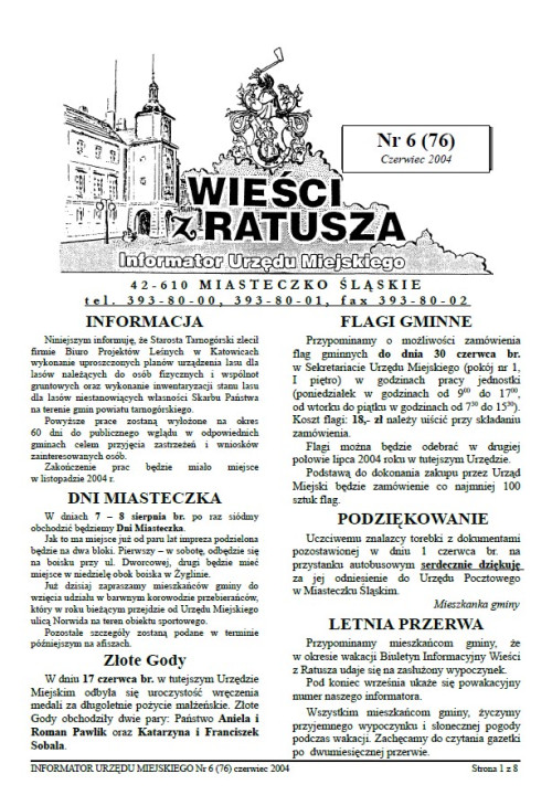 okładka wydania Nr 6 (76) Czerwiec 2004 gazety Wieści z Ratusza