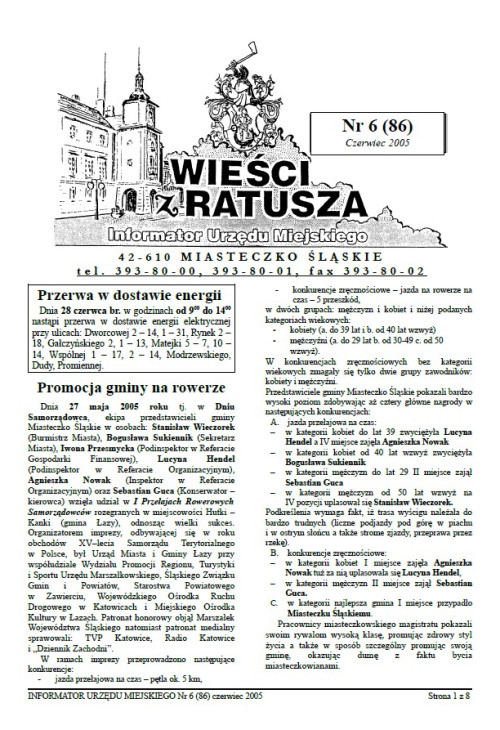 okładka wydania Nr 6 (86) Czerwiec 2005 gazety Wieści z Ratusza