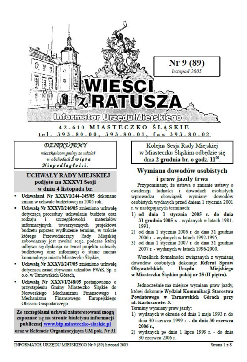okładka wydania Nr 9 (89) Listopad 2005 gazety Wieści z Ratusza