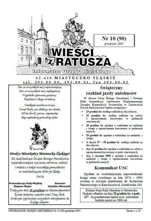 okładka wydania Nr 10 (90) Grudzień 2005 gazety Wieści z Ratusza