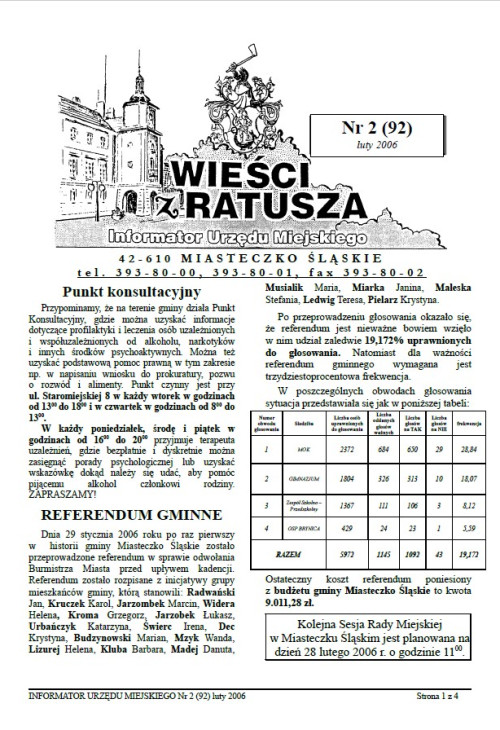 okładka wydania Nr 2 (92) Luty 2006 gazety Wieści z Ratusza