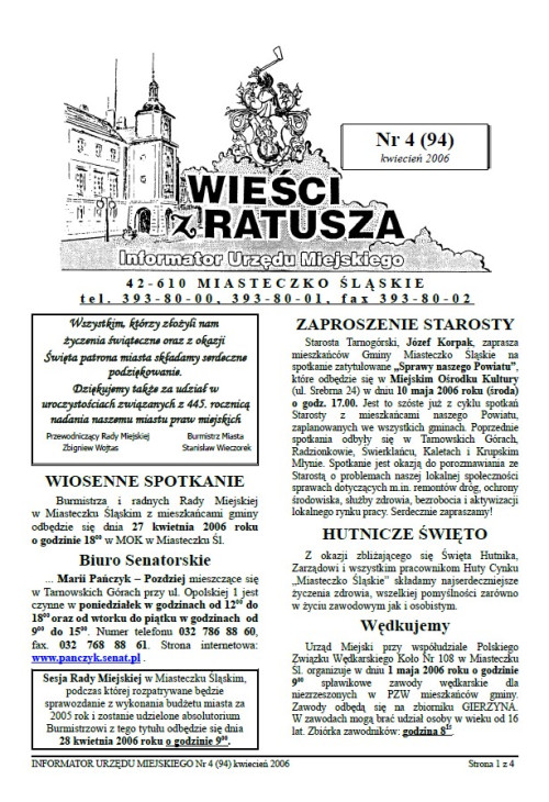 okładka wydania Nr 4 (94) Styczeń 2006 gazety Wieści z Ratusza