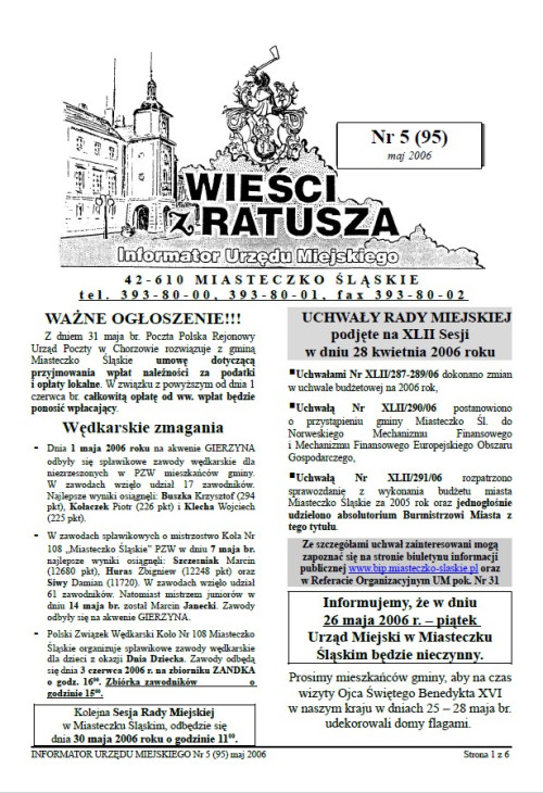 okładka wydania Nr 5 (95) Maj 2006 gazety Wieści z Ratusza