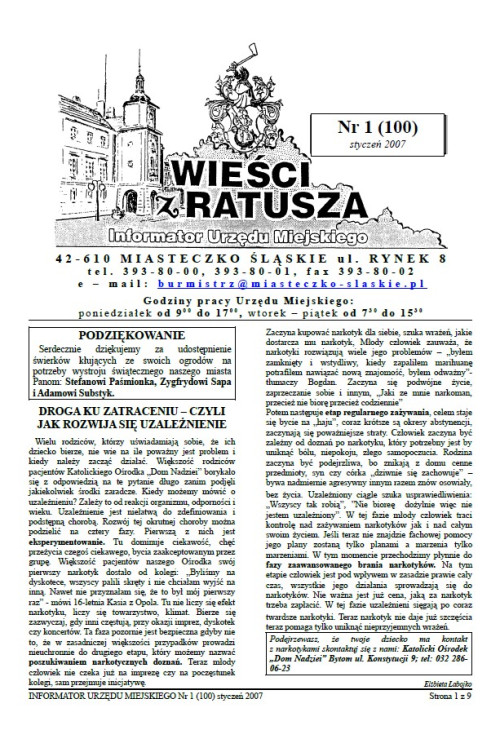okładka wydania Nr 1 (100) Styczeń 2007 gazety Wieści z Ratusza