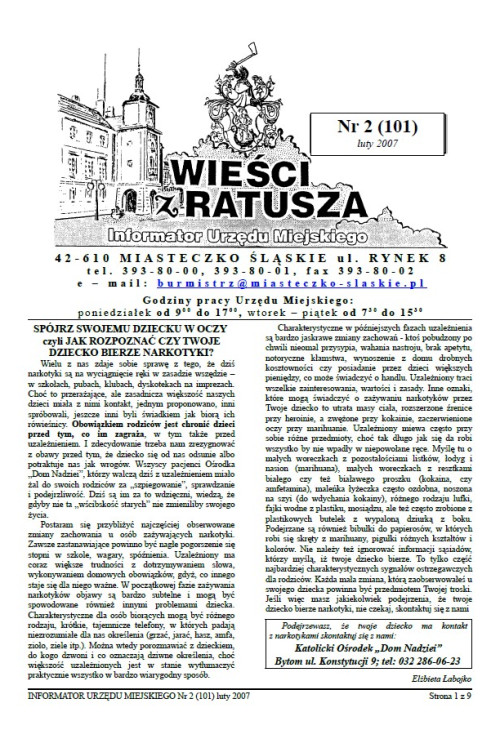 okładka wydania Nr 2 (101) Luty 2007 gazety Wieści z Ratusza
