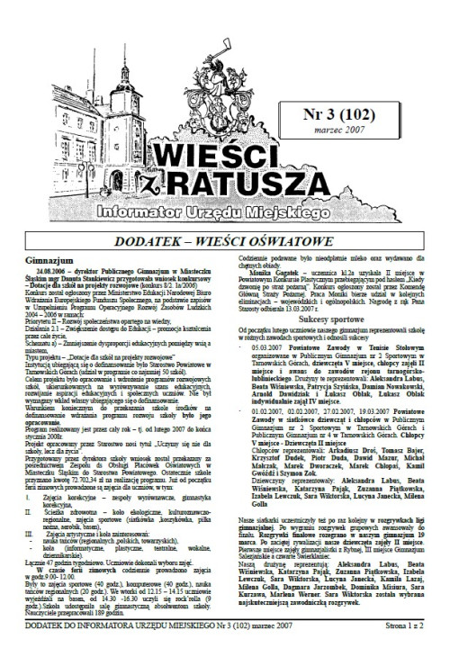okładka wydania Dodatek - Marzec 2007 gazety Wieści z Ratusza