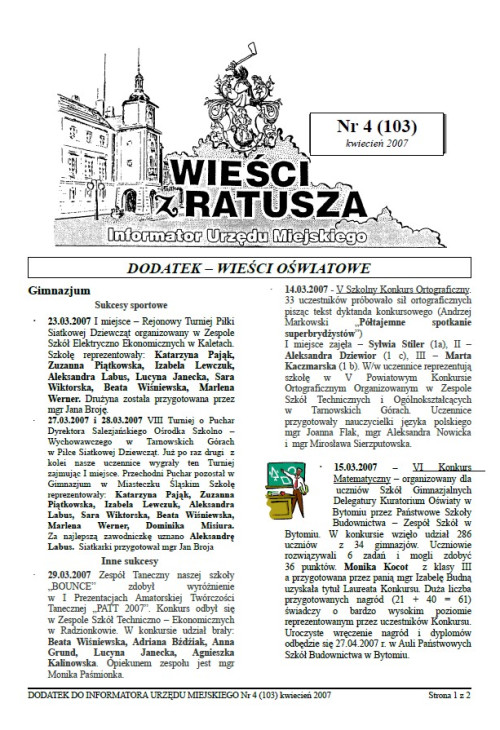 okładka wydania Dodatek - Kwiecień 2007 gazety Wieści z Ratusza