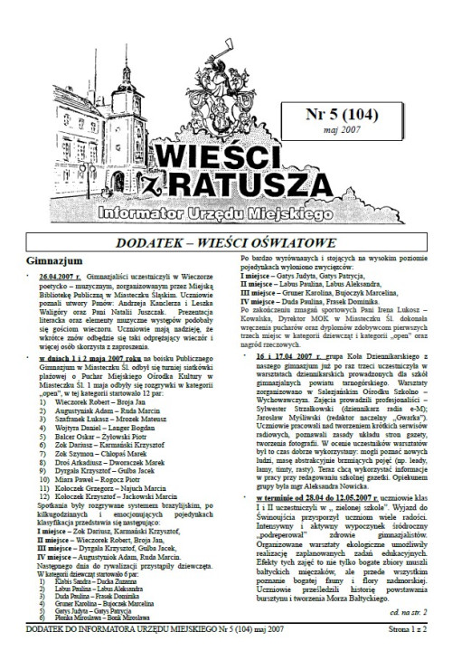 okładka wydania Dodatek - Maj 2007 gazety Wieści z Ratusza