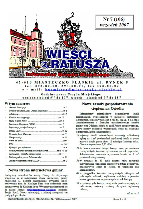 okładka wydania Nr 7 (106) Wrzesień 2007 gazety Wieści z Ratusza