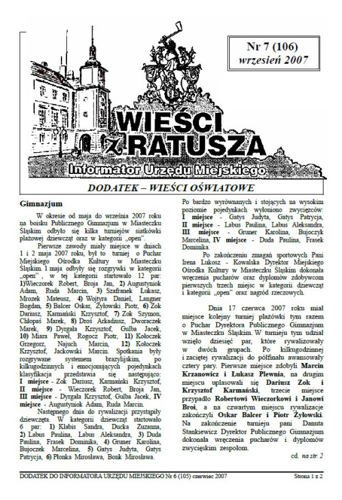 okładka wydania Dodatek - Wrzesień 2007 gazety Wieści z Ratusza