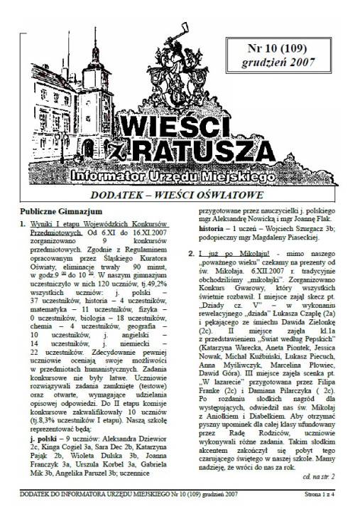 okładka wydania Dodatek - Grudzień 2007 gazety Wieści z Ratusza