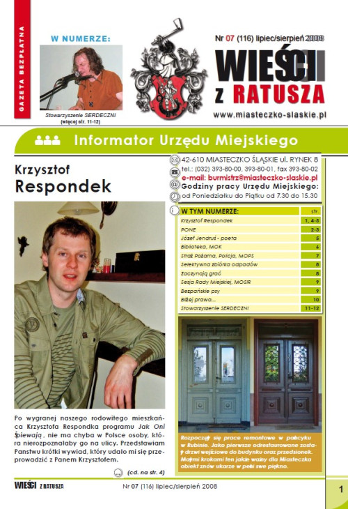 okładka wydania Nr 7 (116) Lipiec/Sierpień 2008 gazety Wieści z Ratusza