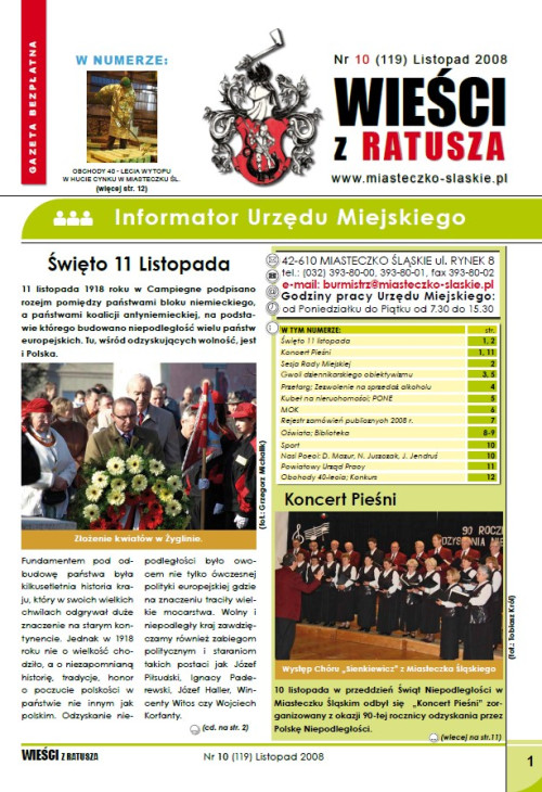 okładka wydania Nr 10 (119) Listopad 2008 gazety Wieści z Ratusza