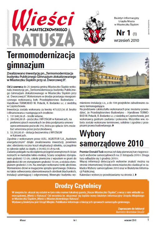 okładka wydania Nr 1 (1) Wrzesień 2010 gazety Wieści z Ratusza