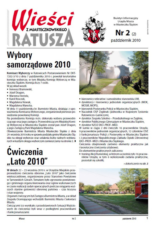 okładka wydania Nr 2 (2) Październik 2010 gazety Wieści z Ratusza