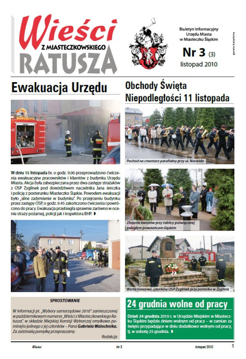 okładka wydania Nr 3 (3) Listopad 2010 gazety Wieści z Ratusza
