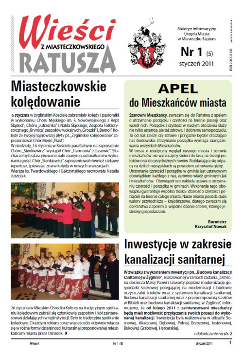 okładka wydania Nr 1 (5) Styczeń 2011 gazety Wieści z Ratusza