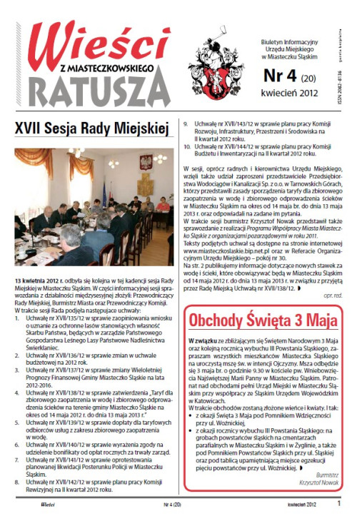 okładka wydania Nr 4 (20) Kwiecień 2012 gazety Wieści z Ratusza