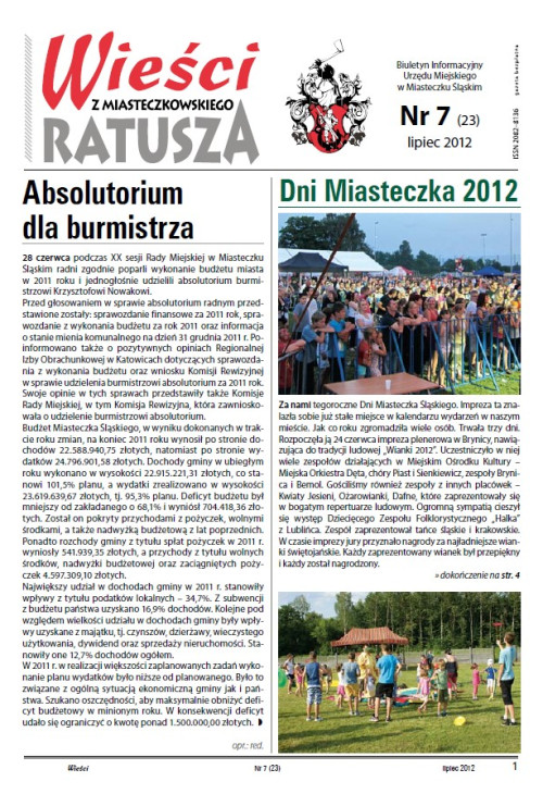 okładka wydania Nr 7 (23) Lipiec 2012 gazety Wieści z Ratusza