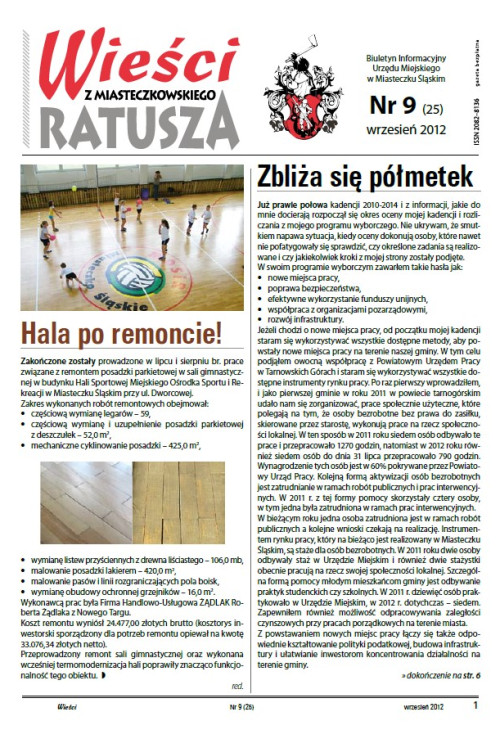 okładka wydania Nr 9 (25) Wrzesień 2012 gazety Wieści z Ratusza