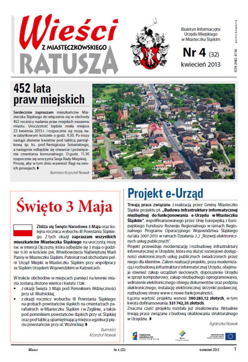 okładka wydania Nr 4 (32) Kwiecień 2013 gazety Wieści z Ratusza