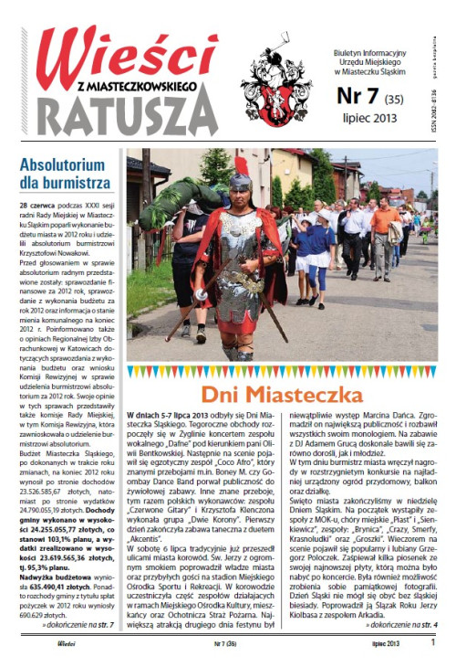 okładka wydania Nr 7 (35) Lipiec 2013 gazety Wieści z Ratusza